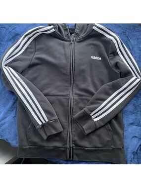 adidas black white three stripes down arms front logo zip up hoodie